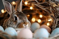 Adorable brown bunny rabbit nestled among pastel Easter eggs in rustic nest with warm glowing bokeh lights creating magical holiday atmosphere.