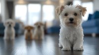 Adorable white Maltese puppy sitting on hardwood floor with blurred puppies in background, creating depth of field effect in modern home interior setting.