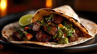 Grilled beef tacos with fresh guacamole and cilantro in warm tortillas, ready to serve for Mexican cuisine and restaurant menu photography.