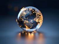 Luminous glass globe with glowing golden continents floating on dark background, sparkling light particles creating magical atmosphere. Reflective surface below.