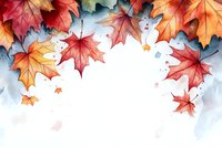 Watercolor maple leaves in warm autumn colors create border frame on white background, falling red and orange foliage with soft blue shadows for seasonal design.