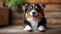 Happy Australian Shepherd dog lying on wooden floor, smiling with tongue out. Tricolor puppy with bright eyes showing friendly expression. Pet portrait.