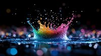 Colorful water splash crown with rainbow droplets on dark background with bokeh lights for creative design projects and advertising campaigns.