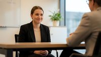 Professional young woman in black blazer smiling during business meeting in modern office with colleague across wooden table in bright workspace.