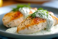 Pan seared chicken breast with creamy dill sauce and fresh herbs served on white plate, close up view of juicy meat with golden crust and aromatic garnish.
