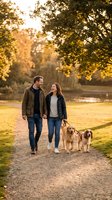 Happy couple walking with golden retriever dogs on autumn park path during golden hour sunset creating warm romantic outdoor lifestyle moment.