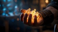 Glowing golden light energy flowing through open hand against dark background with bokeh lights, representing power, innovation, and creative potential.