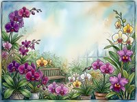 Watercolor orchid garden with wooden bench, colorful blooms in purple, pink, yellow and white, soft dreamy background with copy space.