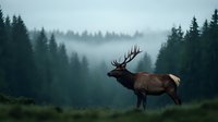 Majestic bull elk silhouetted against misty evergreen forest at dawn, displaying large antlers while standing on grassy hill in moody atmospheric wilderness landscape.