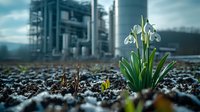 Delicate snowdrops bloom near industrial facility, symbolizing nature's resilience amid urban development. Environmental contrast shows hope and renewal in spring.