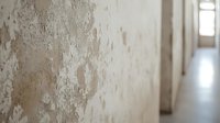 Weathered beige wall with peeling paint and plaster in empty corridor shows aging texture and decay, natural light from window creates atmospheric mood.