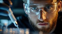 Young Caucasian male scientist in safety goggles conducting laboratory research with focused concentration in modern scientific facility.