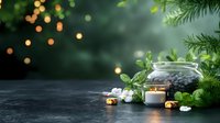 Festive winter arrangement with lit candle, glass jar of pebbles, and evergreen branches on dark surface against blurred bokeh lights background.