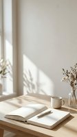 Minimalist workspace with open notebook, pen, and ceramic mug on wooden desk near window with natural sunlight and dried flowers in glass vase for creative writing or planning.