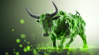 Digital bull figure composed of glowing green blocks on dark background, symbolizing financial growth and market trends in cryptocurrency or stock trading.