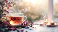Steaming cup of herbal tea with pink cherry blossoms and glowing candles on windowsill against soft bokeh background creates cozy atmosphere for relaxation.