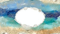 Ocean waves watercolor frame with seashells and coral decorations on white background for marine themed designs and summer projects.