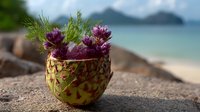 Tropical summer cocktail served in fresh carved pineapple with purple flowers and greenery on sandy beach, blurred ocean and mountains background. Perfect for menu design.