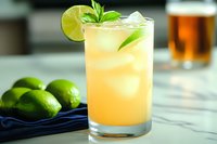 Refreshing citrus cocktail with lime garnish and mint in tall glass. Cold summer drink with ice cubes on wooden table with fresh limes and whiskey background.