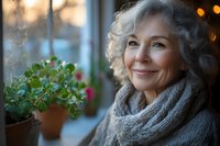 Mature Caucasian woman with gray curly hair wearing knitted scarf smiling warmly by window with potted plant. Cozy indoor lifestyle portrait for wellness content.
