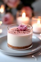 Individual no-bake cheesecake dessert in glass with pink rose topping and cookie base, garnished with rose gold sprinkles against soft candlelit background.