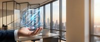 Businessman holding digital globe hologram in modern office with city skyline view, representing global business, technology, and international commerce.