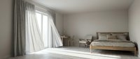 Bright minimalist bedroom with wooden bed frame, sheer curtains filtering natural light, and sparse furnishings creating a serene, airy atmosphere for interior design projects.