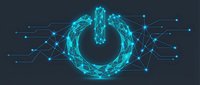 Digital power button icon with glowing cyan wireframe network connections on dark background for technology and electronics interface design.