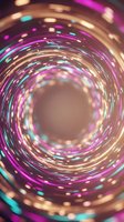 Glowing neon lights spiral inward creating a tunnel effect with magenta, cyan, and gold bokeh particles swirling in circular motion for abstract backgrounds and digital design projects.