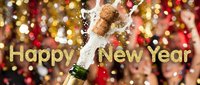 Champagne bottle popping cork with sparkling bubbles, bokeh party lights, and Happy New Year golden text for festive celebration greeting.