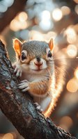 Curious squirrel peeks from behind tree trunk with warm bokeh lights in background creating magical forest atmosphere at golden hour sunset.