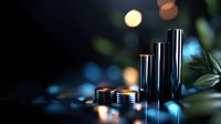 Stacks of casino chips and metal columns on dark background with bokeh lights and reflective surface, luxury gambling concept for gaming industry.