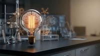 Glowing vintage light bulb with digital circuit patterns on modern desk representing innovation, technology and creative ideas in business environment.