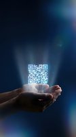 Caucasian male hand holding glowing QR code with light rays against dark blue background, representing digital technology, mobile payment, data scanning, and modern communication solutions.