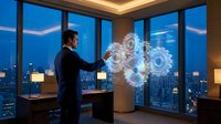 Business executive interacting with holographic digital interface displaying gears and technology symbols in modern office with city skyline view at dusk.