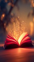 Magical open red book with glowing golden light and sparks rising from pages against dark background, creating mystical atmosphere for fantasy and education concepts.