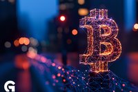 Glowing digital bitcoin symbol with network connections on dark background with bokeh lights, representing cryptocurrency and blockchain technology.