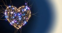 Heart-shaped network of glowing golden and blue light connections with electrical sparks on dark gradient background for technology and love concepts.