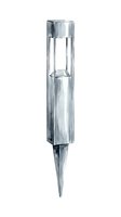 Metallic ground spike torch with cylindrical chamber and pointed base, isolated on white background. Suitable for outdoor lighting design, garden decor graphics, and landscape illustration projects.