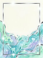 Dental care frame with flowing turquoise and lavender watercolor waves, leaves, and tooth icons on isolated white background. Ready for dental clinic designs, posters, and marketing materials.
