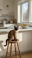Siamese cat sitting on wooden stool in modern kitchen with white countertop, bowl of lemons, and bright natural light from window for home decor and pet lifestyle content.