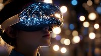 Young woman wearing virtual reality headset with cosmic space reflection against blurred bokeh lights background, exploring digital universe experience.