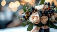 Elegant floral arrangement featuring cream roses and dark blue thistle with orange berries against soft bokeh background, styled for wedding or romantic celebration.