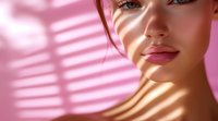 Young woman's face with pink plump lips and natural makeup in soft pink lighting with window blind shadow pattern creating trendy aesthetic composition.