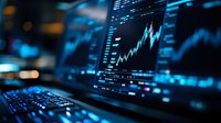 Financial market data and stock charts displayed on multiple computer screens in dark trading room with blue technological glow. Modern finance analysis concept.
