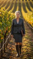 Professional mature Caucasian businesswoman in gray suit walking through vineyard rows during golden hour sunset, holding leather portfolio for wine industry.