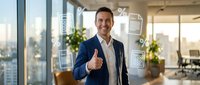 Professional businessman giving thumbs up in modern office with digital document icons overlay for business success and approval concepts.