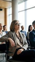 Senior businesswoman attending corporate conference in modern office building with diverse professional audience listening to presentation.