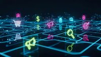 Digital marketing network with glowing business icons connected by data streams on dark grid background for technology and commerce concepts.