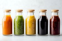 Assortment of fresh healthy juices and smoothies in glass bottles with colorful orange, green, yellow, black and red beverages on white background.